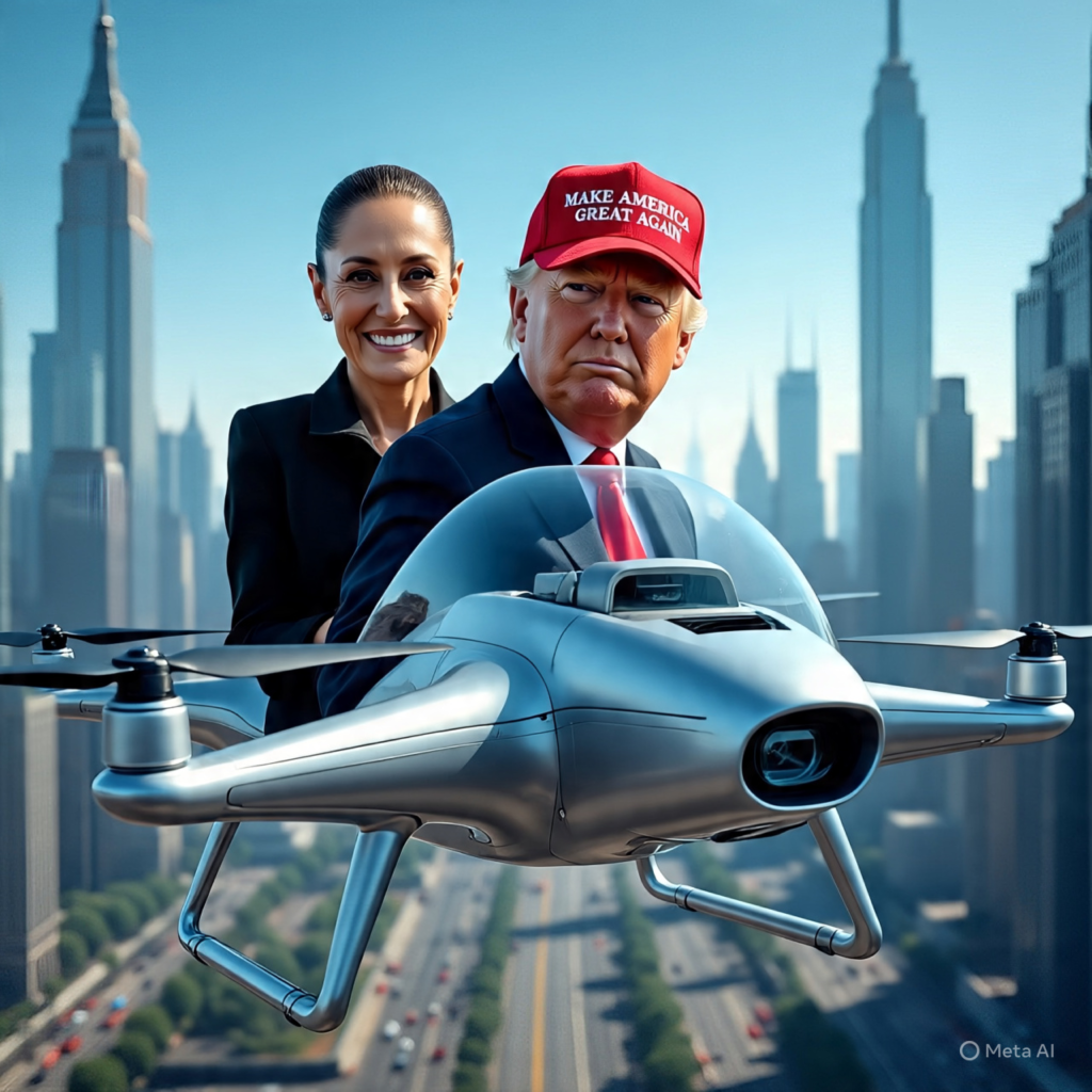 claudia y trump montados en un dron