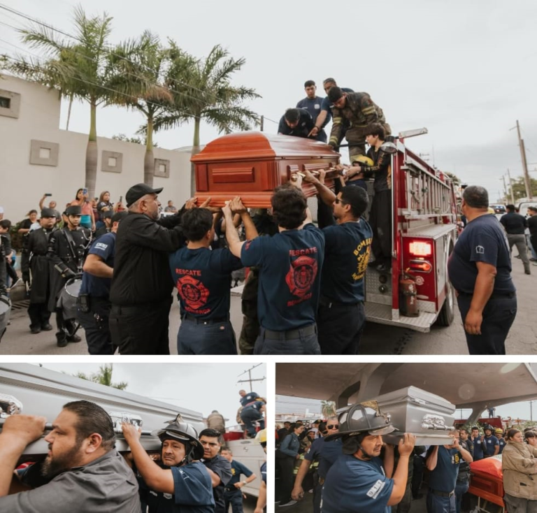 Bomberos cargando los ataudes de sus compañeros